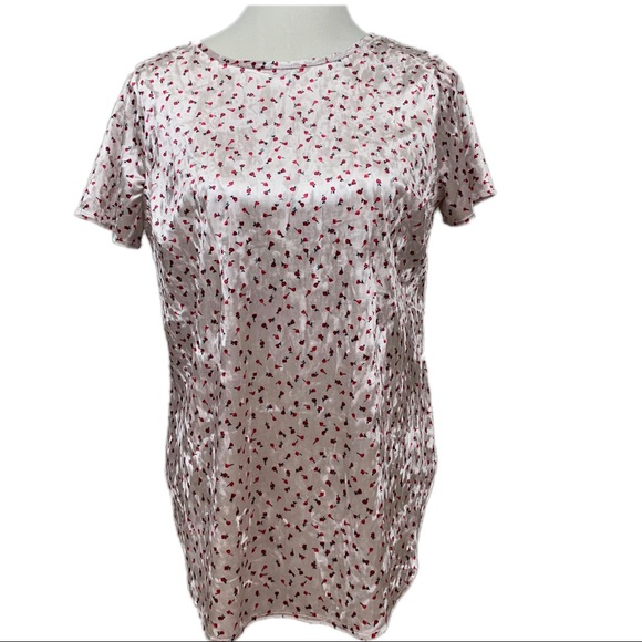 LC LAUREN CONRAD Women’s Top Pleated Keyhole Short Sleeves Velvet Pink Floral - Picture 3 of 5